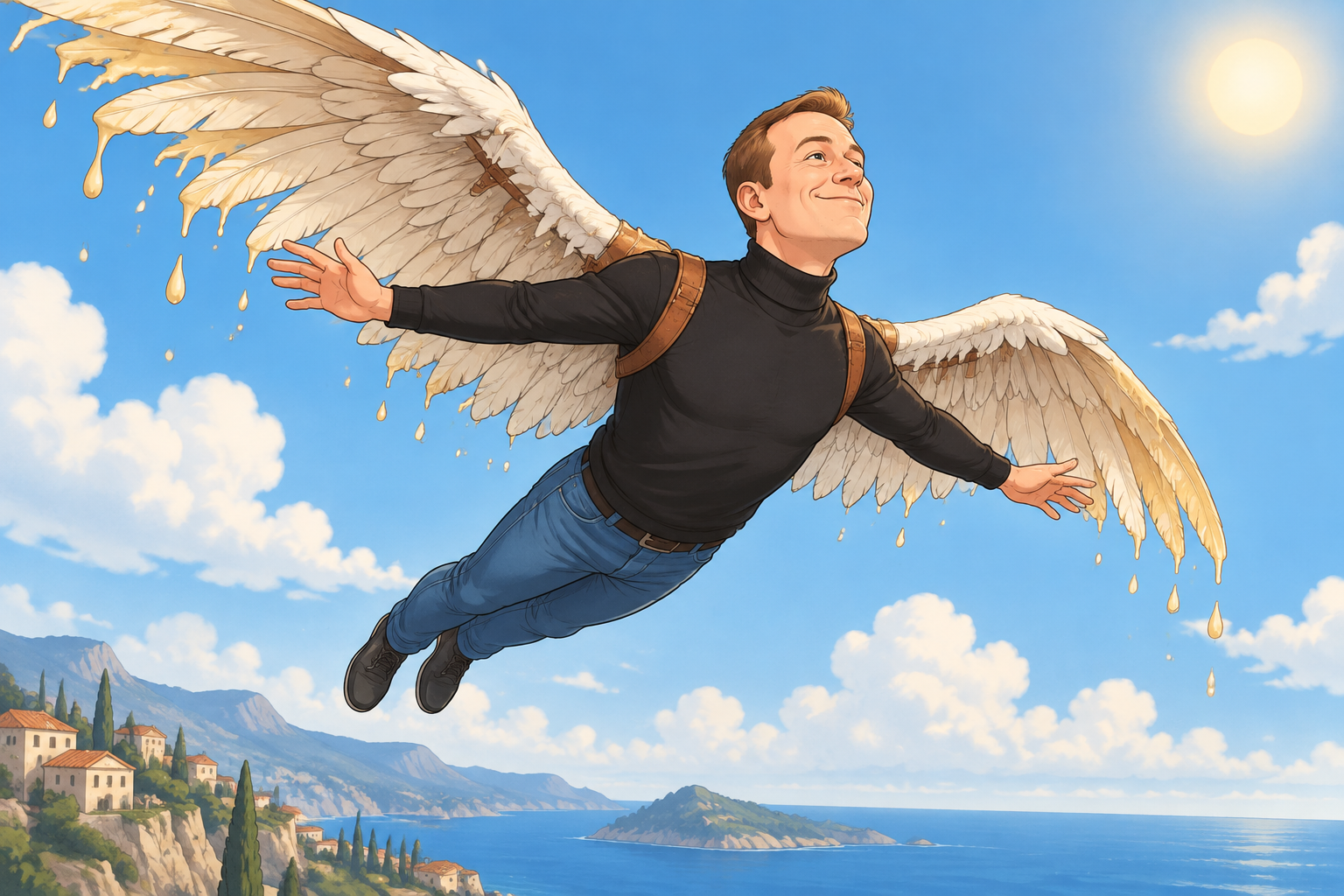 Illustration of a tech CEO with melting wax wings soaring toward the sun like Icarus.